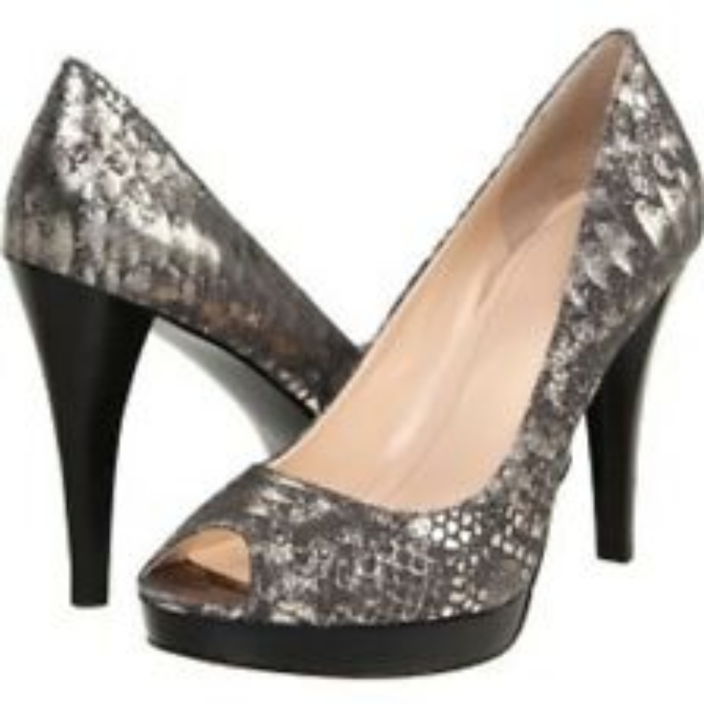 Calvin Klein silver snakeskin peep-toe heels, sz 9